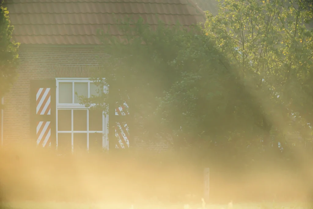 Window of historic georgia farmhouse on misty morning in spring