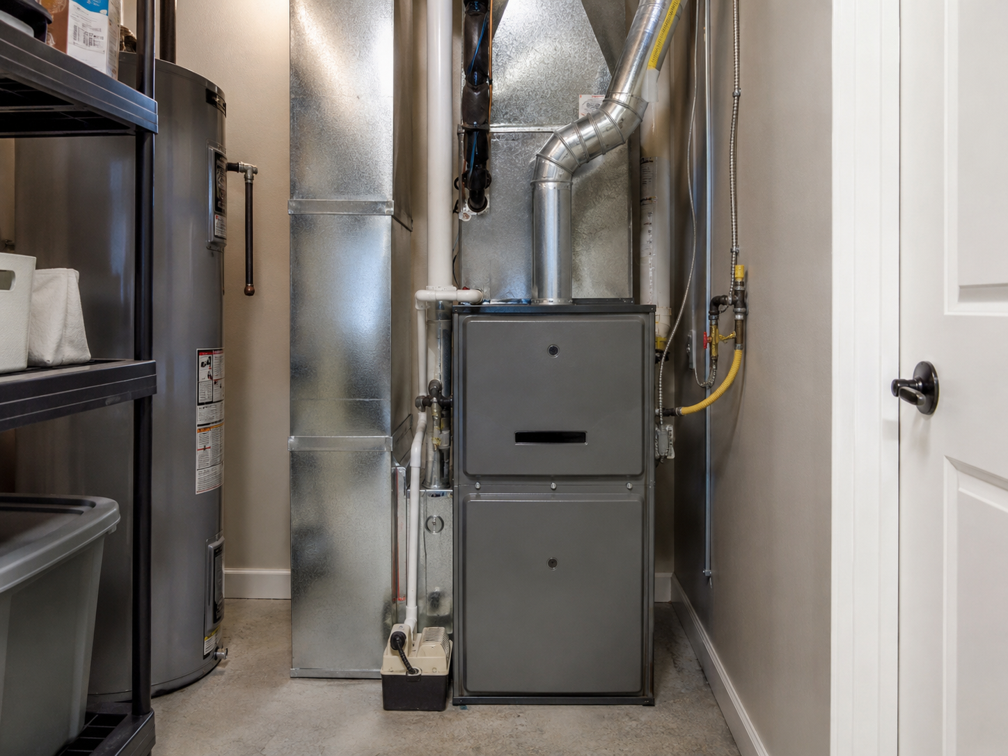Residential gas furnace installed in a home utility room